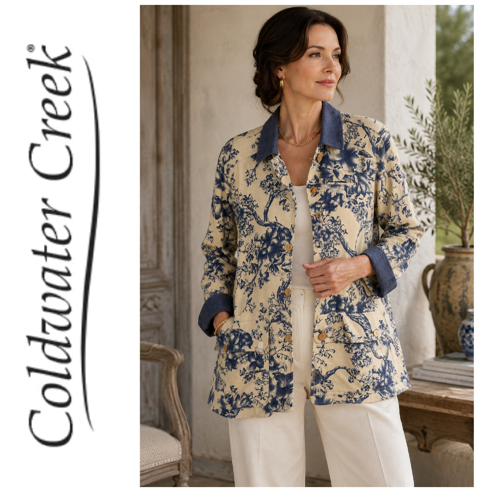 Coldwater Creek M Chinoiserie Toile Linen Blend Chore Jacket Blue Cream Cottage